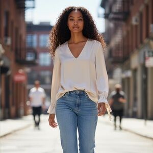 Elizabeth & James Cream Satin Adalina Blouse Tie Cuffs V Neck L